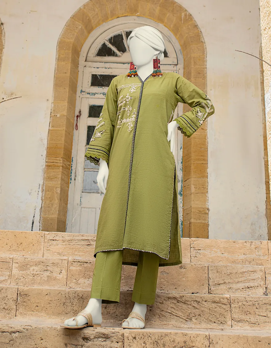 OLIVE GREEN LAWN STITCHED | JLAWN-S-JST-24-1663