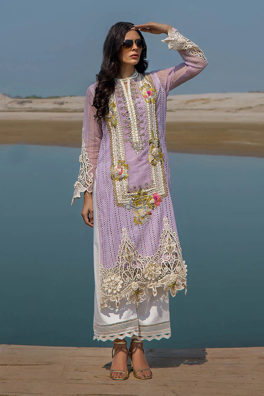 Cotton Chikan Lavender 3D embroidered | F-164 | Khudabaksh