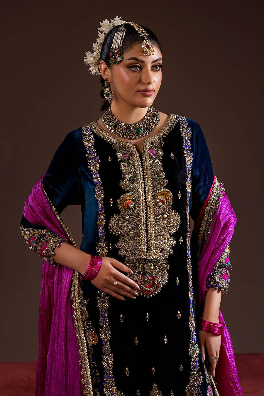 Black Magenta Velvet Embroidered | P-292 | Khudabaksh