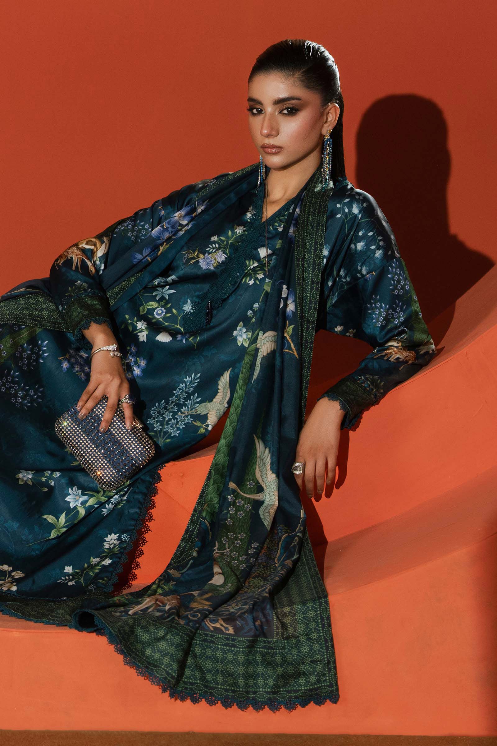 3 Piece Printed Satin Silk Suit