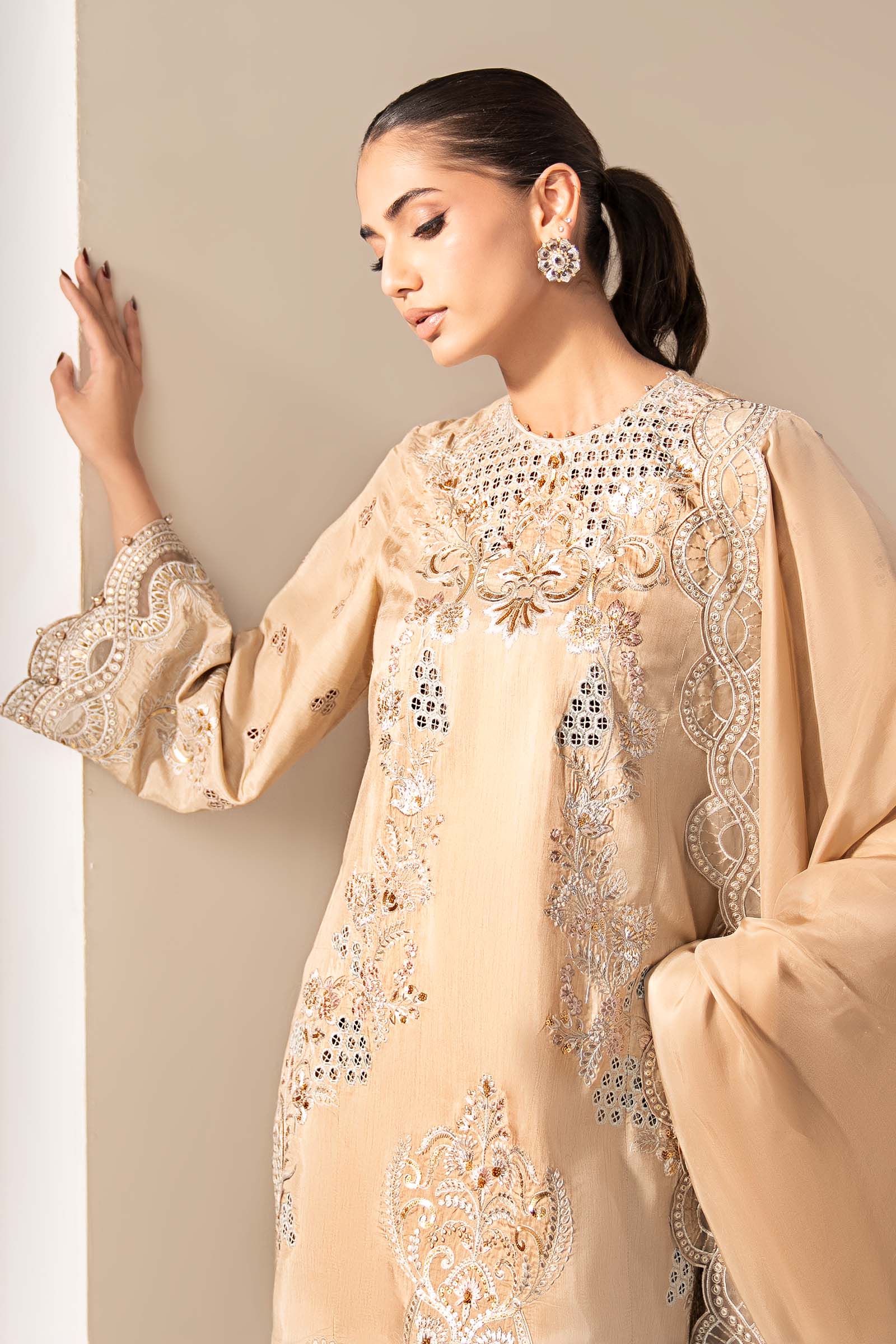 3 Piece Embroidered Raw Silk Suit