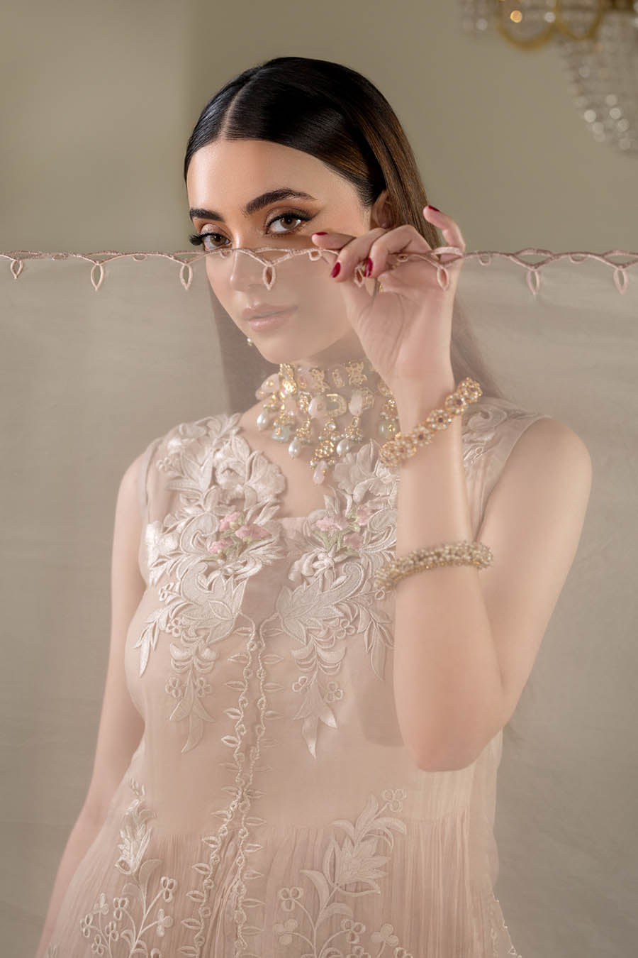 Pastle Pink Organza 3d thread Work | P-298 | Khudabaksh