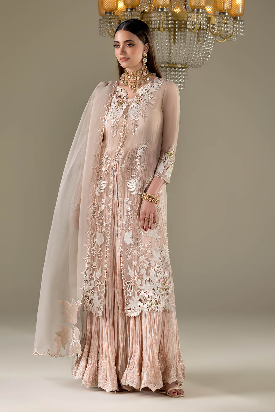 Pastle Pink Organza 3d thread Work | P-298 | Khudabaksh