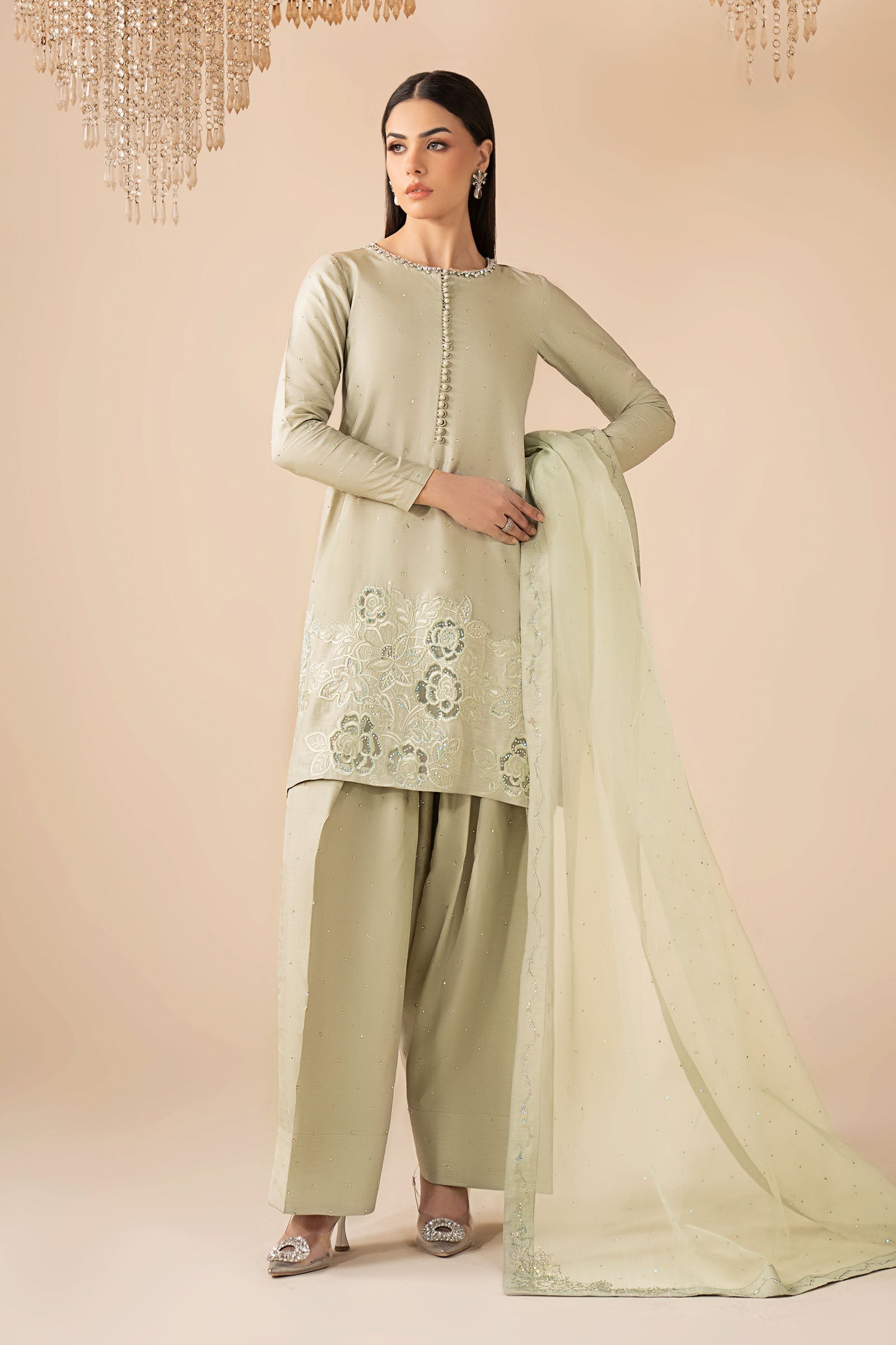 3 Piece Embellished Raw Silk Suit