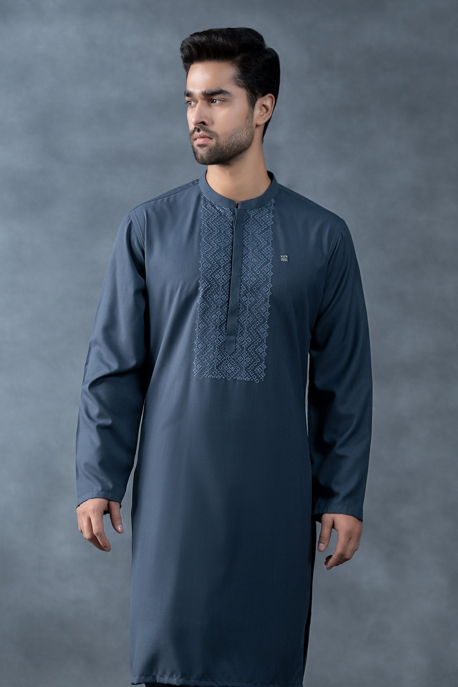 Embroidered Blended Kurta | KRW25-12-Smoke Grey | Maria B