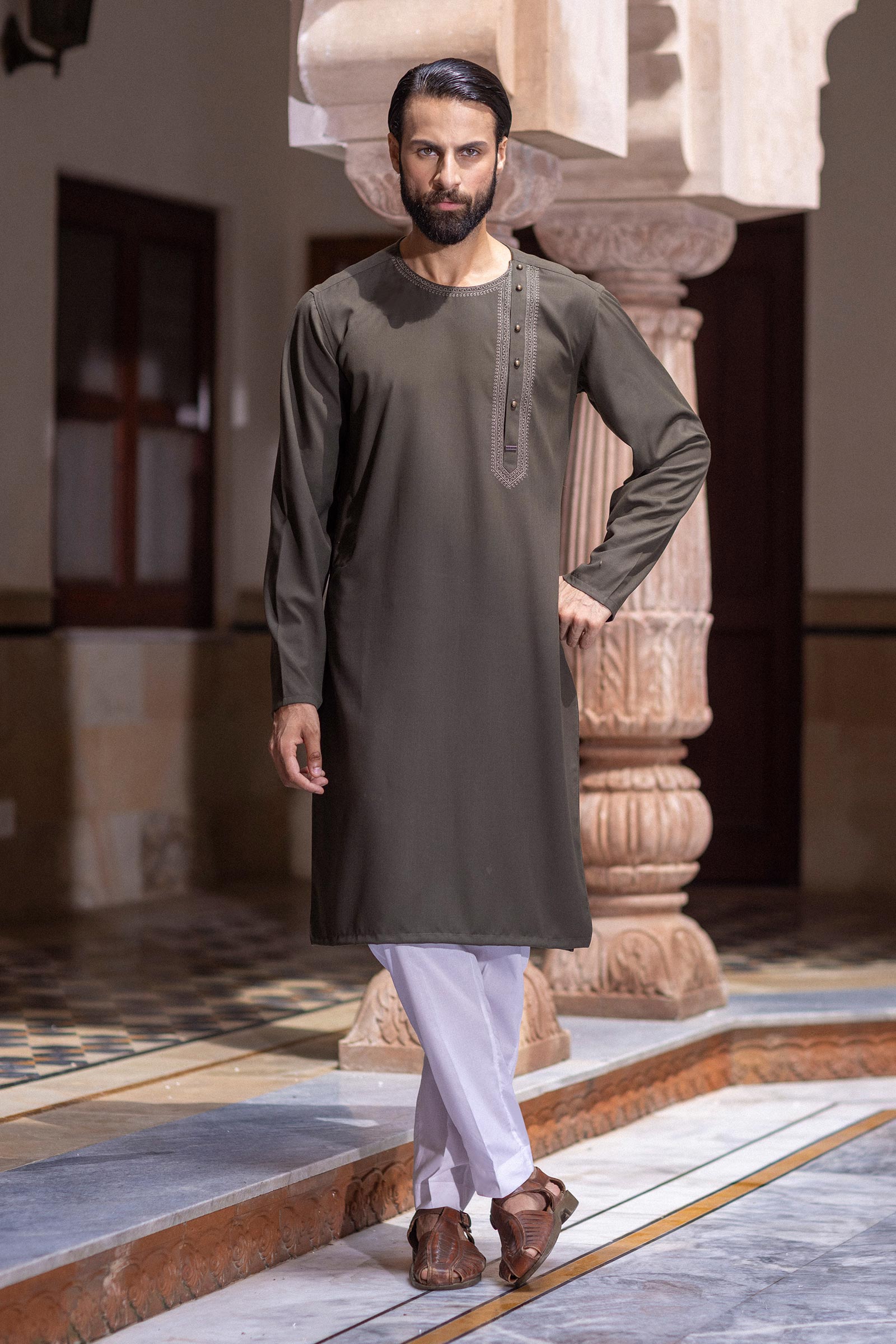 Embroidered Blended Kurta | KRW25-13-Olive | Maria B