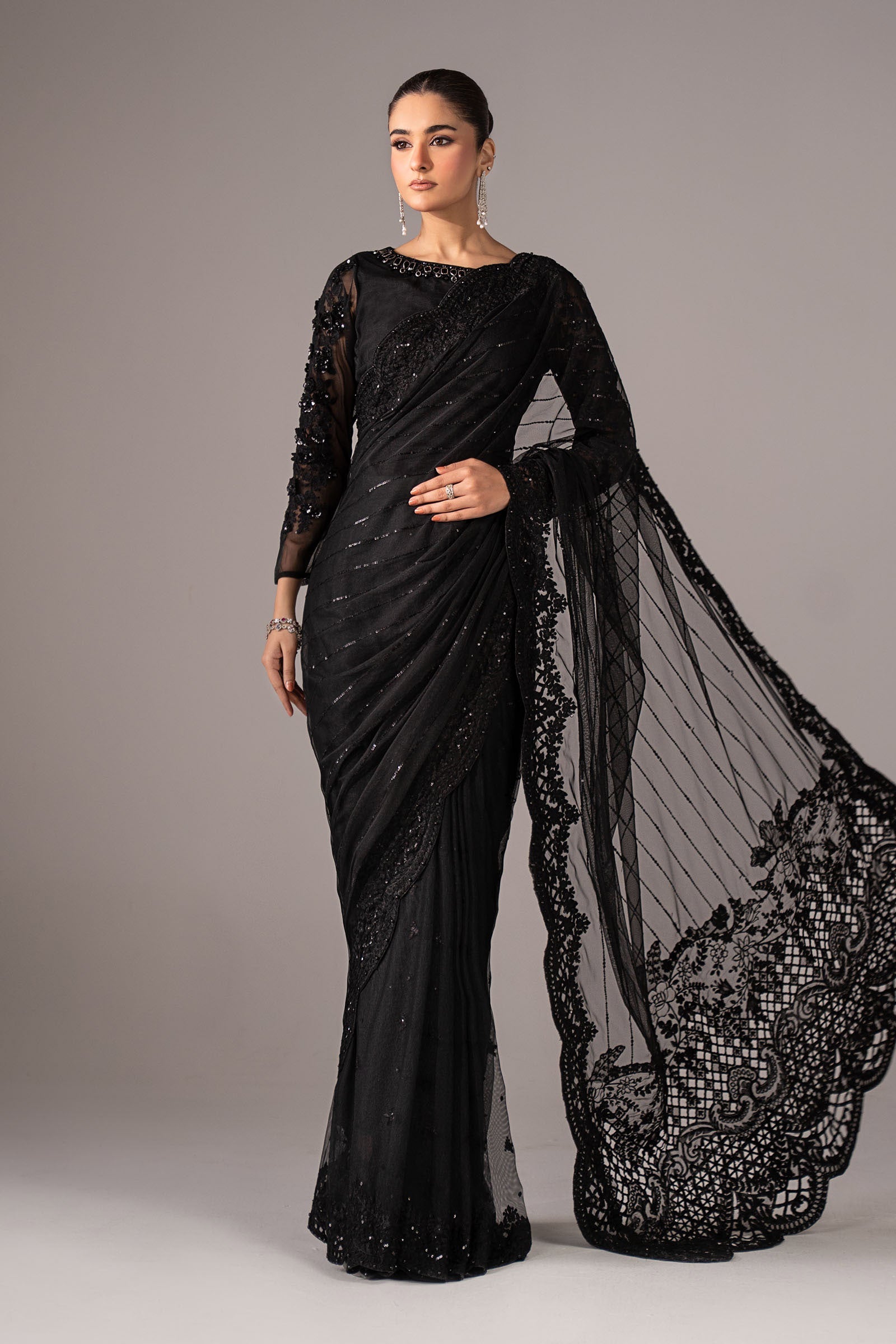 Embroidered Net Saree | EF22-41R1-Black | Maria B