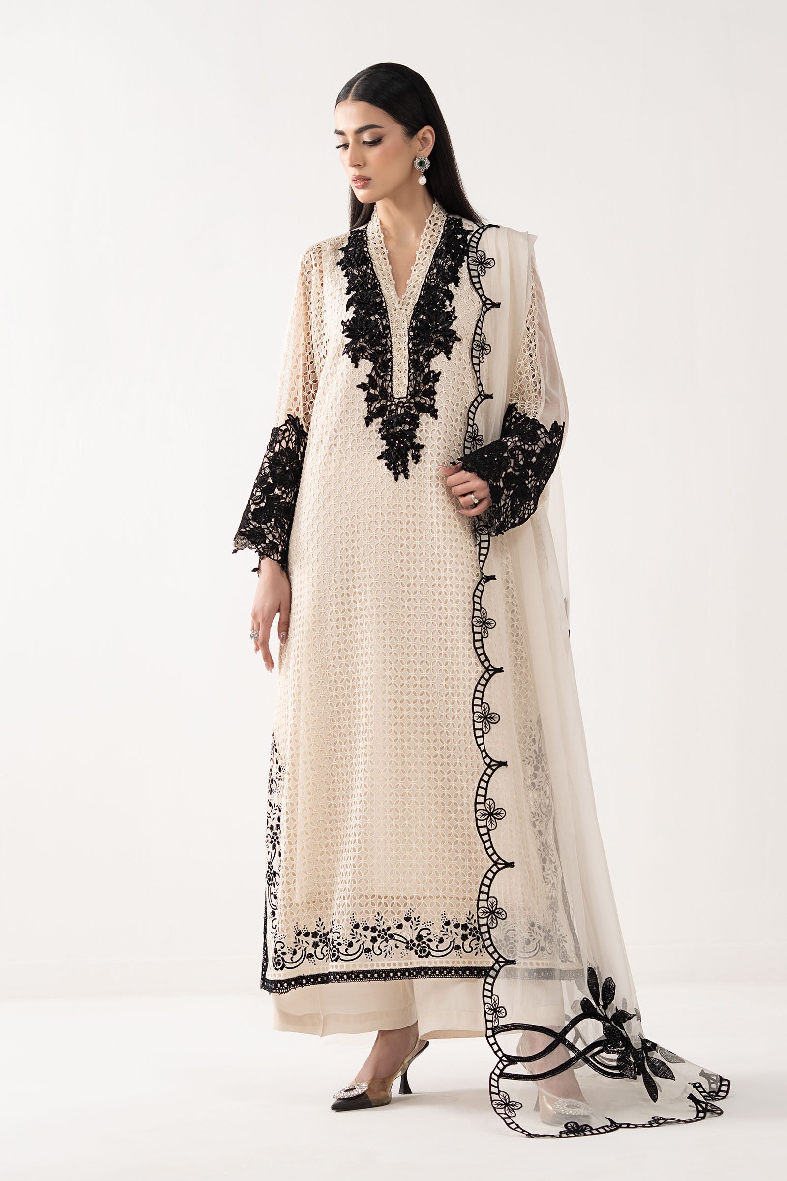Embroidered Chiffon Suit | EF26-13-Off White | Maria B