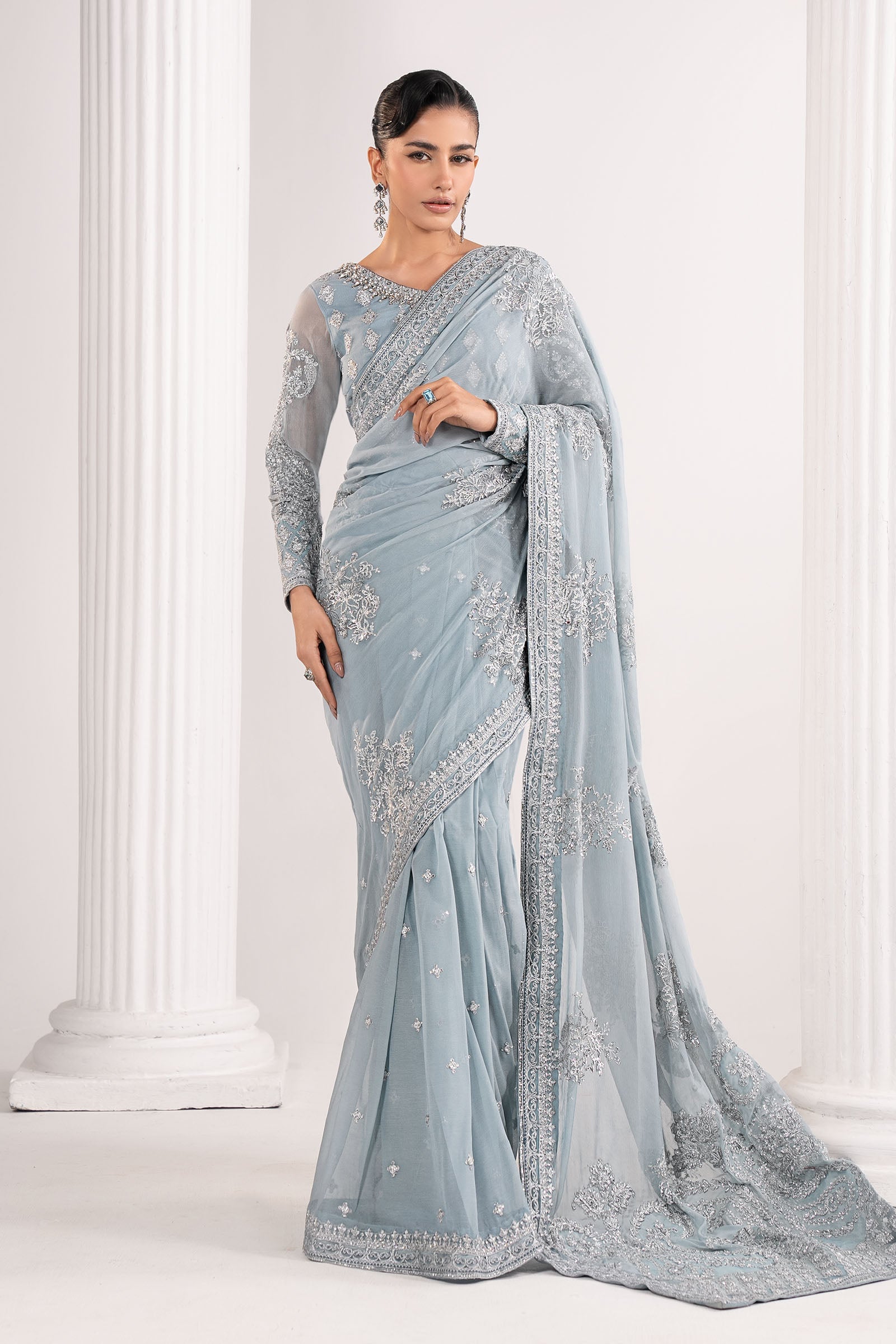 Embroidered Chiffon Saree | EF26-65-Sky Blu | Maria B