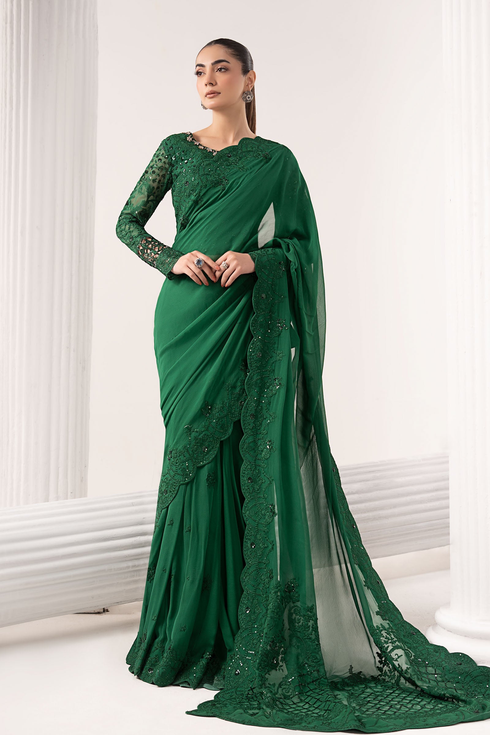 Embroidered Chiffon Saree | EF26-73-Green | Maria B